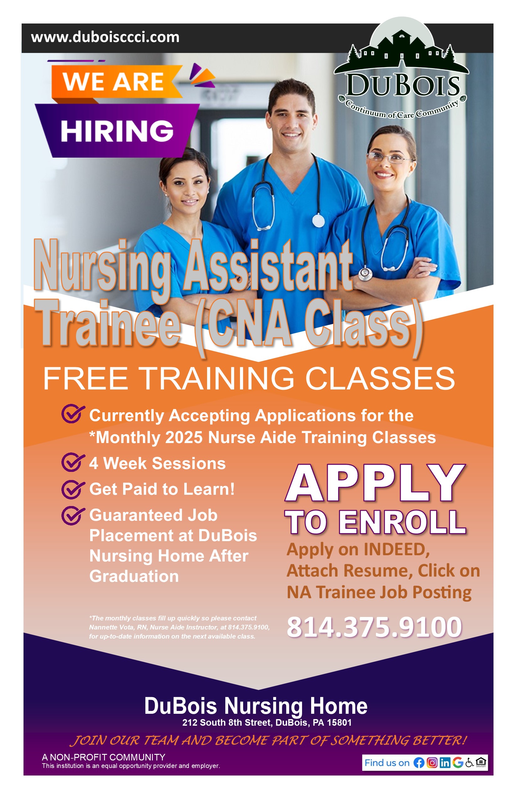 2025 DNH CNA Classes promotional sign monthly 